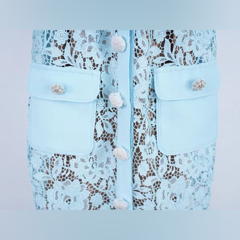 Self-Portrait Blue Lace Embellished Buttons Belted Mini Dress UK8/US4 NWOT - Picture 6 of 11